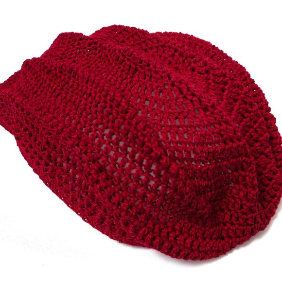 Vintage 1960s Hand-Crocheted Hat Retro Deep Red Openwork Design Lightweight - Picture 12 of 13